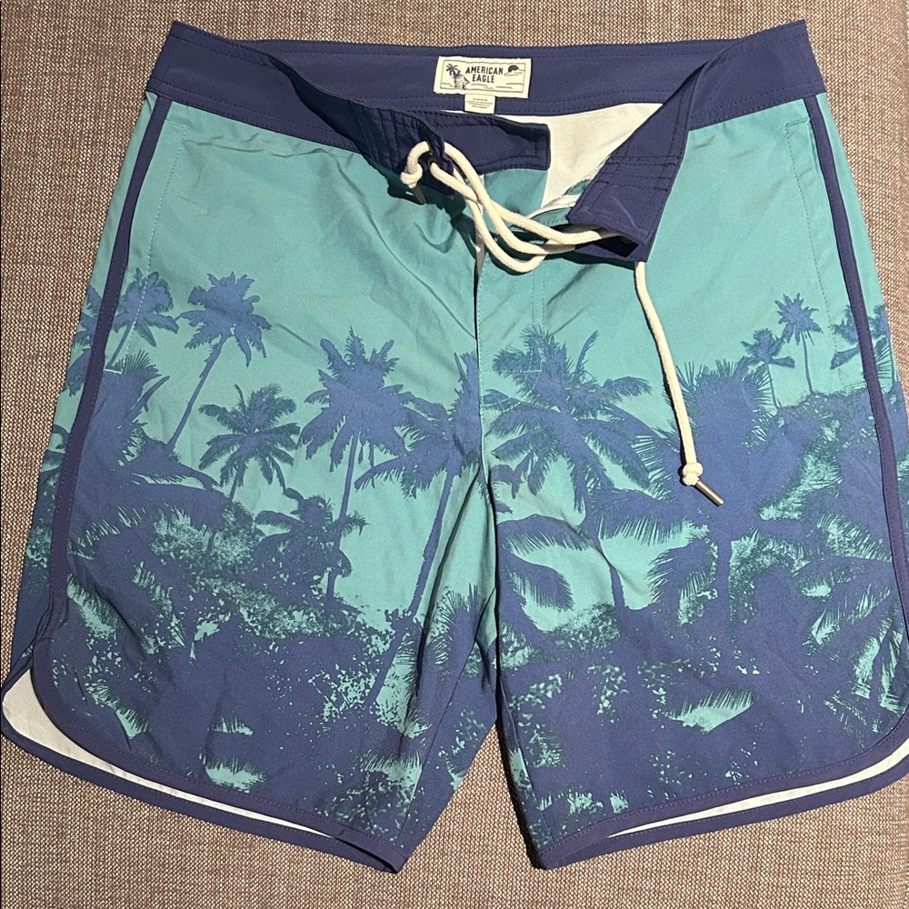 American Eagle Outfitters Teal & Navy Palm-Print Board Shorts